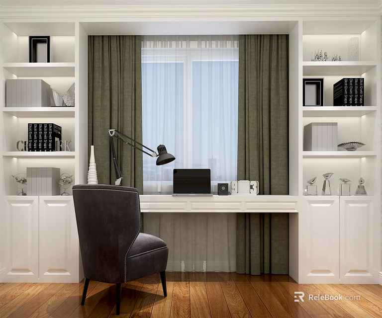 Modern Home Desk With Laptop Table Lamp White Bookshelves And Green Curtains 3d model 
