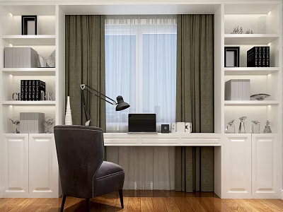 Modern Home Desk With Laptop Table Lamp White Bookshelves And Green Curtains 3d model