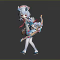 Cute Female Game Movie Character With Blue White Hair Headpiece Decorative Outfit And Bow Weapon
