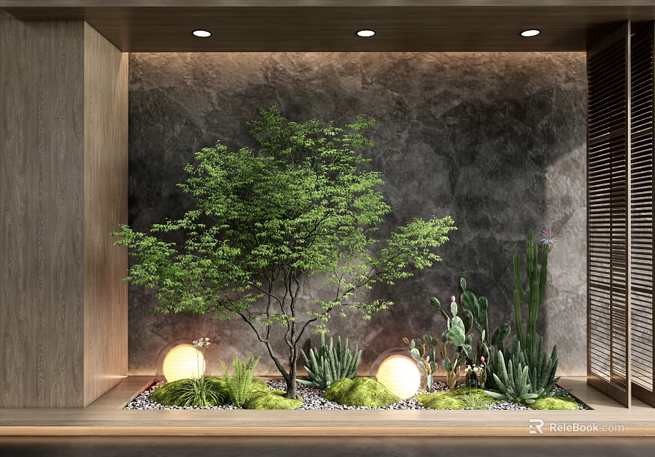 Serene Courtyard Garden with Green Tree Succulents Pebbles Wooden Frame Gray Wall and Round Lights 3d model 