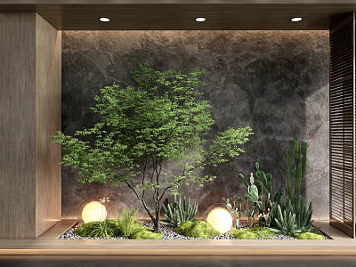 Serene Courtyard Garden with Green Tree Succulents Pebbles Wooden Frame Gray Wall and Round Lights 3d model