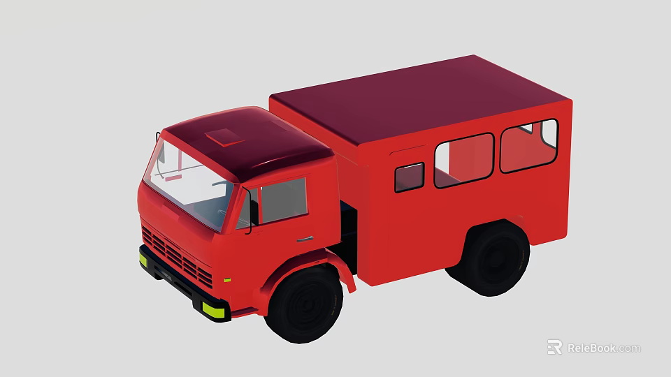 Red Truck With Cab And Enclosed Cargo Area Featuring Side Windows 3d model
