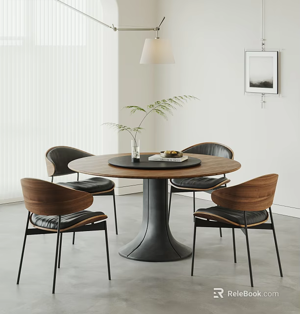 Modern Round Table And Chairs Set With Wooden Backrest Black Leather Seats And Green Plant 3d model 