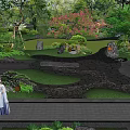 Tranquil Garden Landscape With Lush Trees Stone Decorations Pedestrian Walkways And People Relaxing