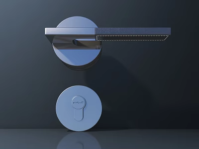3D Rendered Metal Door Handle With Long Bar Circular Lock And Reflective Dark Background 3d model