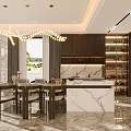 Duplex Living Room with High Ceiling Golden Chandelier Marble Floor and Brown Sofas