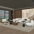 Modern Living Room Interior With Large Windows Wooden Wall Beige Sofa And Round Coffee Table