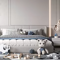 Modern Kids Room Interior with Bed Stuffed Toys Desk Shelves and Toys on Rug