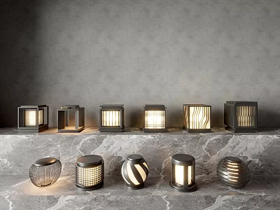 Modern Outdoor Lights With Illuminated Frames On Stone Platform Various Styles 3d model