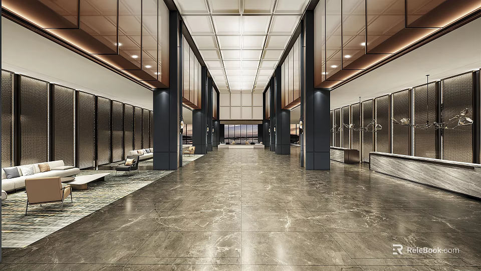 Spacious Modern Hotel Lobby With High Columns Marble Flooring And Seating Areas 3d model 