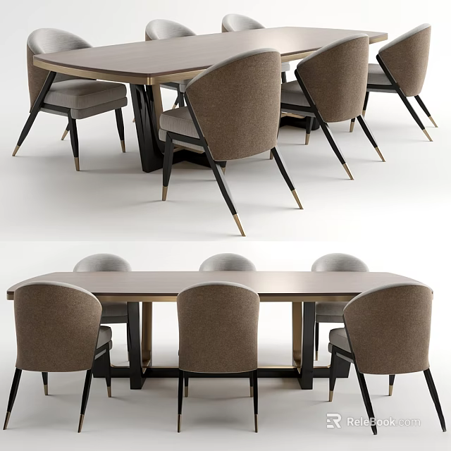 Modern Dining Table And Chair Set With Fabric Padded Seats And Metal Wood Frame 3d model 