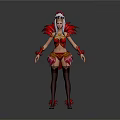 Game and Movie Character in Red and Gold Feather Decorated Outfit with Headdress and Stockings