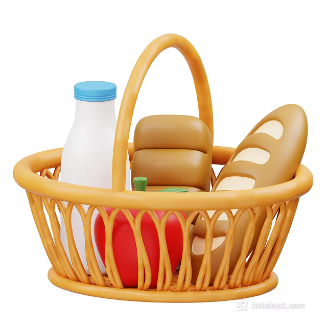 Assorted Fresh Food Items in Yellow Basket With Milk Bread And Apple 3d model 