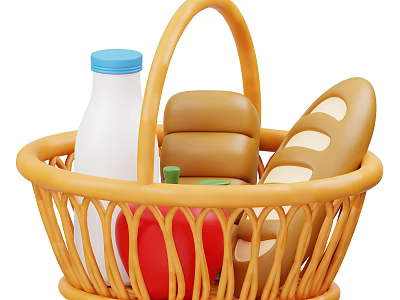Assorted Fresh Food Items in Yellow Basket With Milk Bread And Apple 3d model