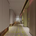 Modern Elevator Lobby Interior With Patterned Carpet And Yellow Decorative Sculpture 3d model