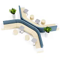 Modern Public Chairs With Curved Design Blue And Beige Upholstery Potted Plants And Small Tables