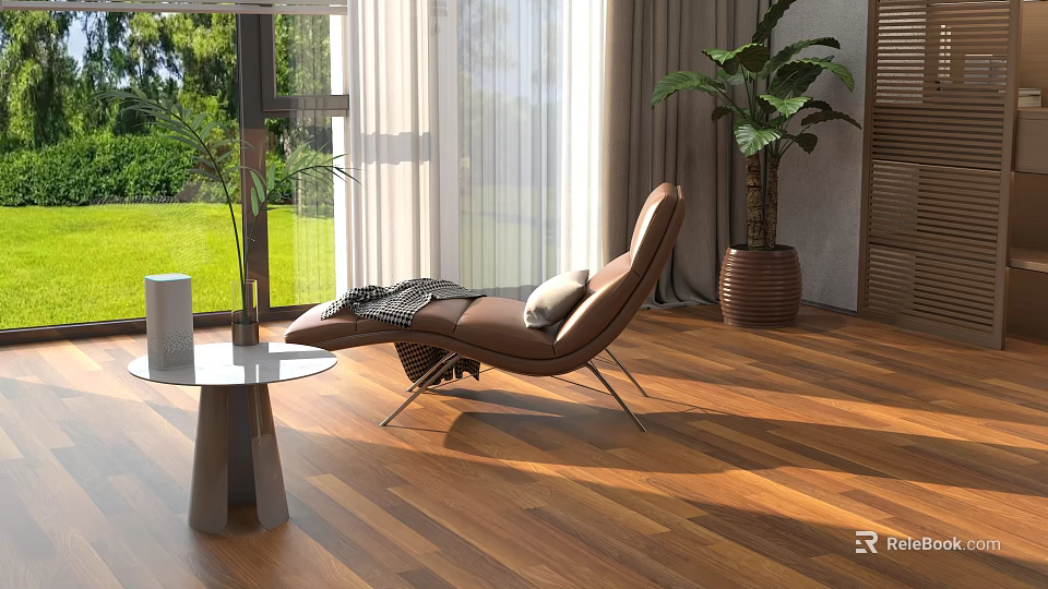 Modern Living Room With Brown Chaise Lounge Floor To Ceiling Windows And Wooden Flooring 3d model 