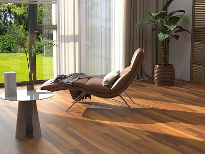 Modern Living Room With Brown Chaise Lounge Floor To Ceiling Windows And Wooden Flooring 3d model