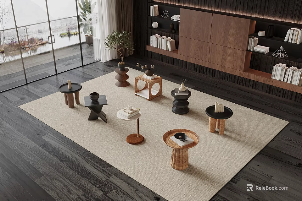 Modern Living Room Interior With Various Stylish Side Tables And Decorative Elements On Rug 3d model 