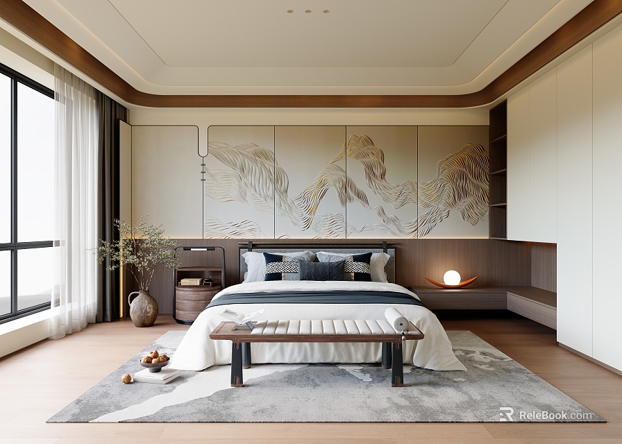 Modern Bedroom Interior With Landscape Painting Wall Large Bed Area Rug And Window 3d model 
