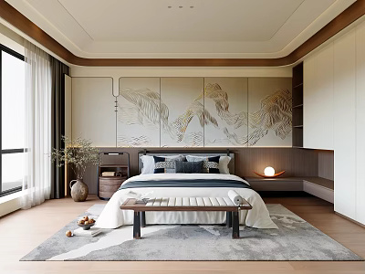 Modern Bedroom Interior With Landscape Painting Wall Large Bed Area Rug And Window 3d model