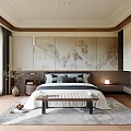 Modern Bedroom Interior With Landscape Painting Wall Large Bed Area Rug And Window