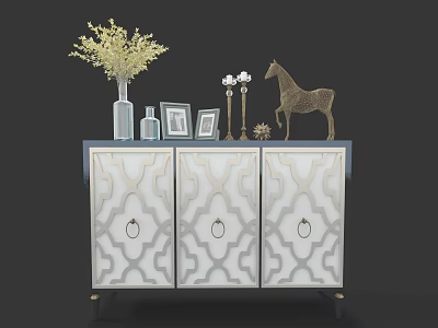 Stylish Entryway Sideboard Cabinet With Geometric Pattern Doors Decorative Vase Photo Frames And Horse Sculpture 3d model