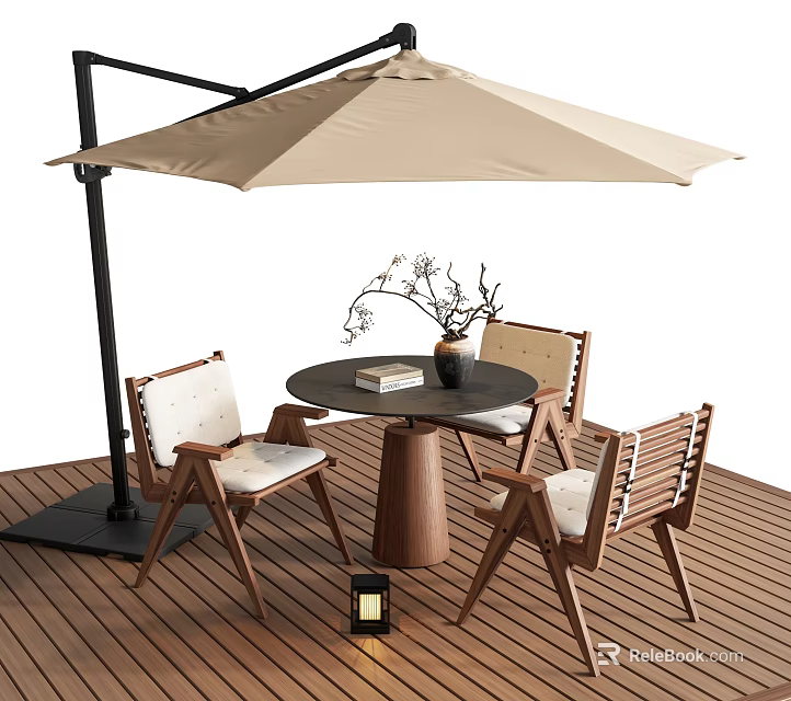 Wooden Outdoor Chairs With White Cushions Round Table And Umbrella On Patio Deck 3d model 