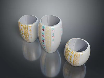 Detailed Sculpture Carving Handcrafted White Vases With Gold And Colorful Decorative Patterns 3d model