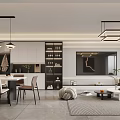 Modern Living and Dining Room with Sofa Dining Table Wall Art and Pendant Lights