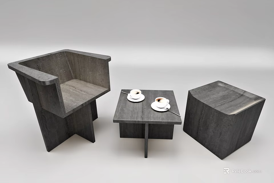 Stylish Leisure Chair With Wooden Side Table Coffee Cups And Square Ottoman Setup 3d model 