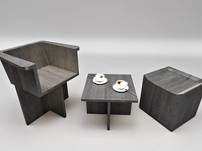 Stylish Leisure Chair With Wooden Side Table Coffee Cups And Square Ottoman Setup 3d model