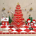 Festive Christmas Decoration Scene With Red Tree Merry Christmas Sign Snowman Figures And Small House