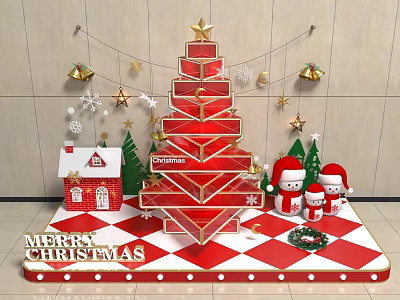 Festive Christmas Decoration Scene With Red Tree Merry Christmas Sign Snowman Figures And Small House 3d model