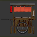 Vintage Wooden Utility Cart With Gray Roof Red Awning White Round Containers And Wheels