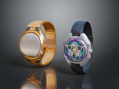 Fashionable Wristwatches With Gold And Black Leather Straps And Colorful Mechanical Dials 3d model