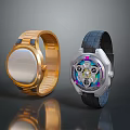 Fashionable Wristwatches With Gold And Black Leather Straps And Colorful Mechanical Dials