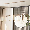 Long Rectangular Lantern Pendant Lights Hanging With Circular Landscape Art And Wooden Screen 3d model