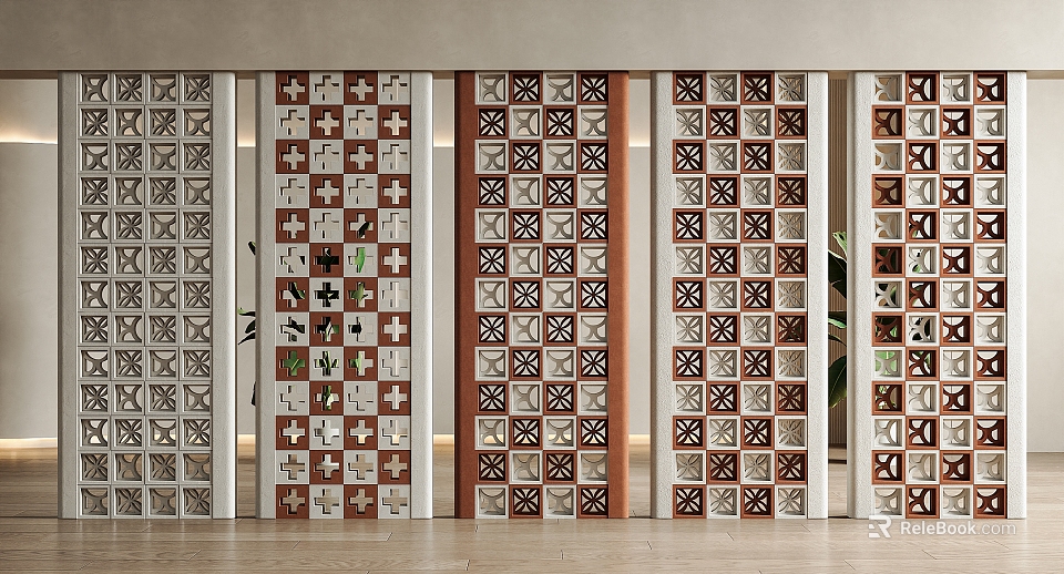 Stylish Modern Partition Design With Geometric Hollow Patterns And Wooden Tones For Interior Decor 3d model 