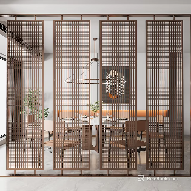 Woven Wooden Room Divider In Modern Dining Room With Table Chairs And Chandelier 3d model 