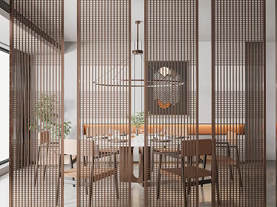 Woven Wooden Room Divider In Modern Dining Room With Table Chairs And Chandelier 3d model