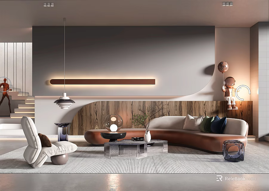 Modern Living Room With Curved Sofa Wooden Accent Wall And Geometric Coffee Table 3d model 