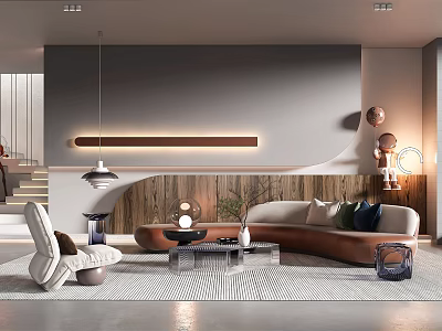 Modern Living Room With Curved Sofa Wooden Accent Wall And Geometric Coffee Table 3d model