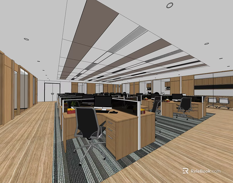 Modern Public Office Space With Open Layout Wooden Flooring Ceiling Design And Workstations 3d model 