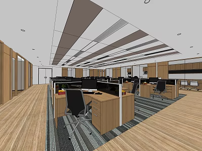 Modern Public Office Space With Open Layout Wooden Flooring Ceiling Design And Workstations 3d model