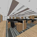 Modern Public Office Space With Open Layout Wooden Flooring Ceiling Design And Workstations 3d model
