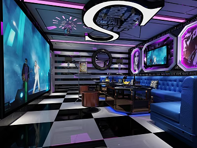 Modern KTV Lounge With Neon Lights Large Screens Blue Sofas And Checkered Floor 3d model