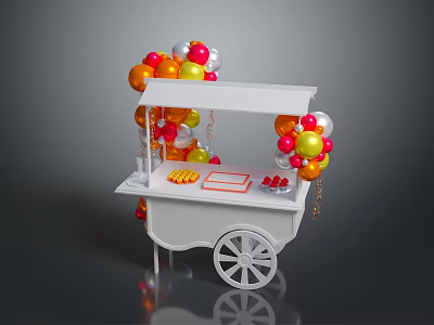 Colorful Balloon Decorated White Food Cart With Yellow Snacks Red Fruits And Treats 3d model