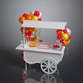 Colorful Balloon Decorated White Food Cart With Yellow Snacks Red Fruits And Treats