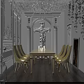 Ancient Dimly Lit Room Interior With Long Dining Table Candles Chandelier and Decorative Walls